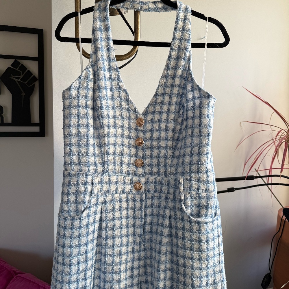 Blue & White Tweed Halter Jumpsuit